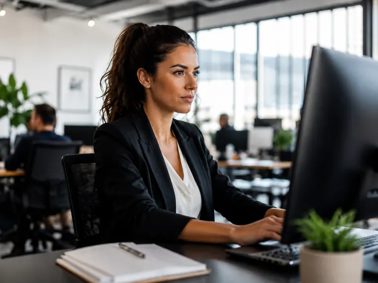 A business owner at her desk reading a document on screen.